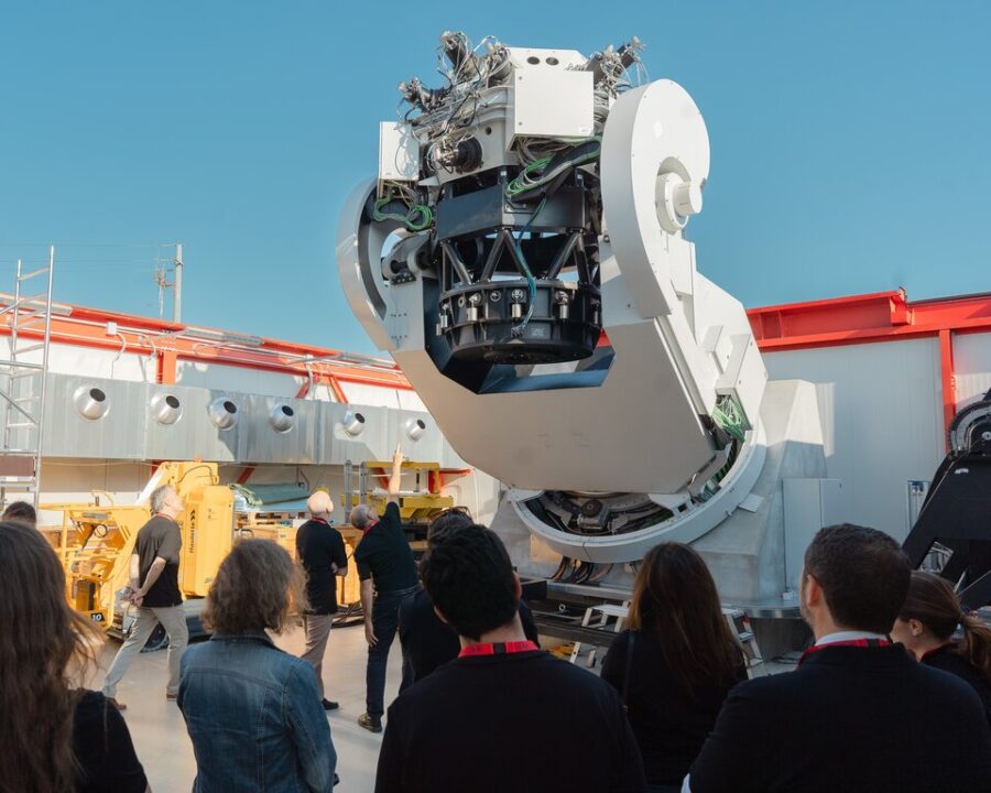 Delegates visit the Flyeye telescope at its factory in Matera, Italy, on 4 June during its final test campaign