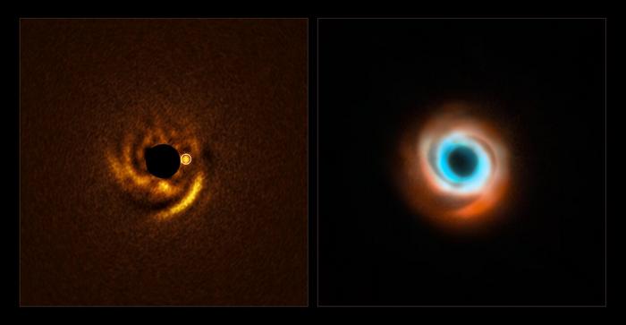 A new image from ESO’s Very Large Telescope reveals a possible planet forming around the young star HD 135344B, nestled at the base of one of the disc’s spiral arms—just where theory predicted. Previous observations with SPHERE and ALMA showed the spirals but no companion; the ERIS instrument may have finally spotted the planet shaping them. Credit: ESO/F. Maio et al./T. Stolker et al./ALMA (ESO/NAOJ/NRAO)/N. van der Marel et al.