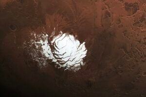 The European Space Agency’s Mars Express orbiter captured this view of Mars’ south polar ice cap Feb. 25, 2015. Three years later, the spacecraft detected a signal from the area to the right of the ice cap that scientists interpreted as an underground lake. Credit: ESA/DLR/FU Berlin, CC BY-SA 3.0 IGO