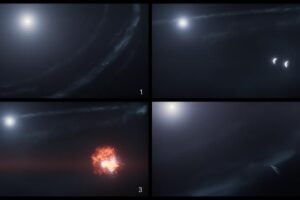 This artist’s concept shows the sequence of events leading up to the creation of dust cloud cs2 around the star Fomalhaut. In Panel 1, the star Fomalhaut appears in the top left corner. Two white dots, located in the bottom right corner, represent the two massive objects in orbit around Fomalhaut. In Panel 2, the objects approach each other. Panel 3 shows the violent collision of these two objects. In Panel 4, the resulting dust cloud cs2 becomes visible and starlight pushes the dust grains away from the star.