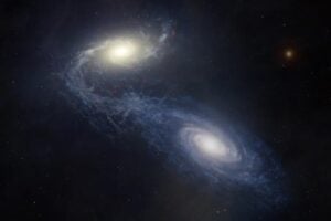 An artist’s impression shows the giant spiral galaxy NGC 1365 as it collides and merges with a smaller companion galaxy, stirring up star formation and redistributing gas and heavy elements. Using a new “space archaeology” technique that reads the chemical fingerprints in the galaxy’s gas, astronomers have reconstructed how NGC 1365 grew over 12 billion years