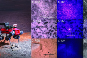 On the left: the robot performing autonomous measurements of a rock with MICRO and Raman. On the right: examples of images from the microscopic imager (MICRO) returned by the robot, showing the texture of three different lunar analogue materials in RGB, UV, and IR.