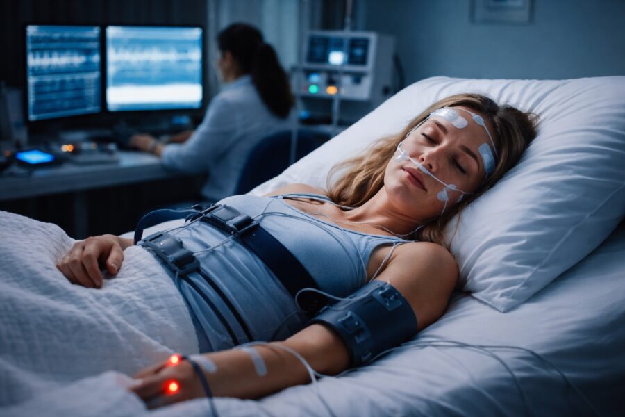AI image of woman in a sleep lab