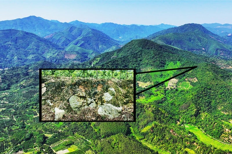 A panoramic aerial drone image of the Jinlin crater with the approximate location of the crater rim labeled, with an insert of the crater floor, which shows a mix of granite weathered soil and granite fragments. The yellow ruler is 20 centimeters long.