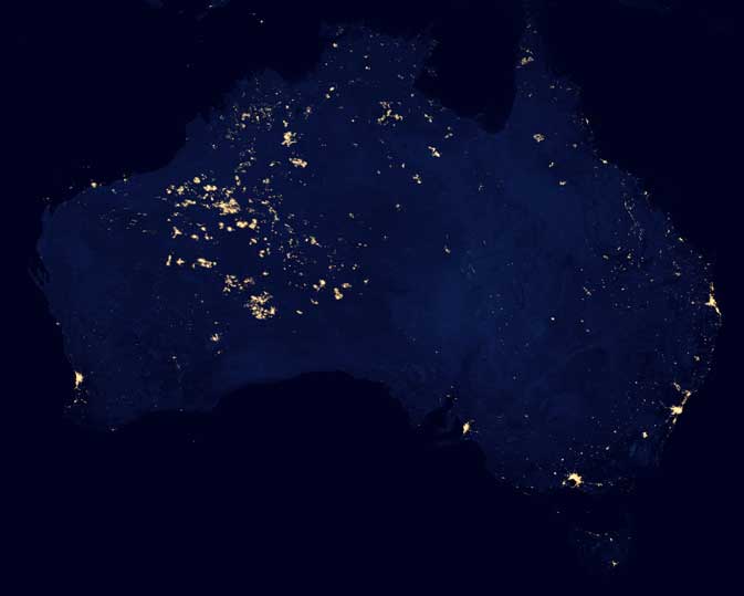This nighttime image of Australia was cropped from the Suomi NPP "Black Marble" released by NASA and the National Oceanic and Atmospheric Administration in December 2012. Credit: NASA Earth Observatory/NOAA NGDC