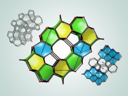 An illustration depicts three of 43 newly predicted superhard carbon structures. The cages colored in blue are structurally related to diamond, and the cages colored in yellow and green are structurally related to lonsdaleite. Credit: Bob Wilder / University at Buffalo, adapted from Figure 3 in P. Avery et al., npj Computational Materials, Sept. 3, 2019. The original diagrams from the paper are licensed under CC BY-4.0