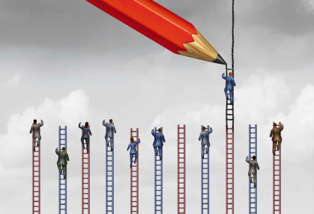 Rigged system or unfair business practice as a businessman or individual person being influenced by a helpful pencil that is drawing a higher ladder to success