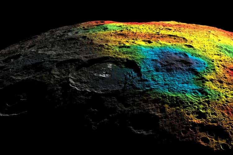 The dwarf planet Ceres, about 940 kilometers (585 miles) in diameter, is the largest body in the main asteroid belt. NASA’s Dawn spacecraft mapped the planet and found evidence — a low-density region of the crust (blue) — of an underground brine reservoir. A crater named Occator is to the left of the blue area This composite image shows gravity anomalies (red is high, blue is low) on the right side and Ceres’ real colors on the left. The bright spots are near the center of Occator. (Image courtesy of Anton Ermakov, UC Berkeley, NASA/JPL)