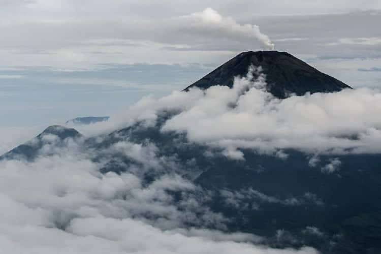 Mt. Sumbing, an arc volcano in Central Java, in 2016. The uplift of volcanic rock in this island arc, starting 15 million years ago, triggered global cooling, according to Berkeley scientists and their colleagues. (UC Berkeley photo by Yuem Park)