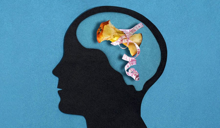 Stylized head silhouette. Brain with apple stub in measuring tape. Pathological food restriction. Anorexia nervosa. Concept of mental health and disease