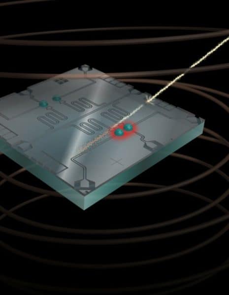 In this artistic rendering, a high-energy cosmic ray hits the qubit chip, freeing up charge in the chip substrate that disrupts the state of neighboring qubits. IMAGE COURTESY OF ROBERT MCDERMOTT