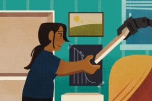 Researchers at the USC Viterbi School of Engineering have created a new robotic system which accurately predicts how a human will build an IKEA bookcase, and then lends a hand. The same insights could be used for people with disabilities, including robot-assisted eating or meal prep. Illustration/Chris Kim.