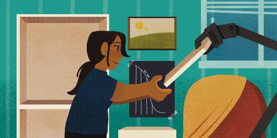 Researchers at the USC Viterbi School of Engineering have created a new robotic system which accurately predicts how a human will build an IKEA bookcase, and then lends a hand. The same insights could be used for people with disabilities, including robot-assisted eating or meal prep. Illustration/Chris Kim.
