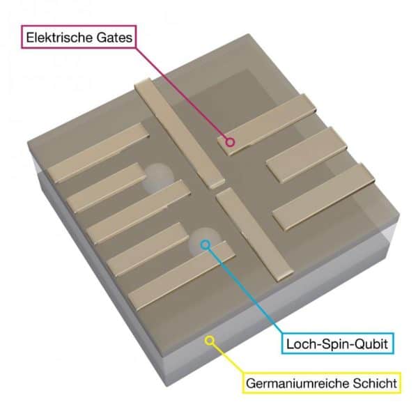 The researchers created the qubit using the spin of so-called holes. Each hole is just the absence of an electron in a solid material. Amazingly, a missing negatively charged particle can physically be treated as if it were a positively charged particle. It can even move around in the solid when a neighboring electron fills the hole. Thus, effectively the hole described as positively charged particle is moving forward.