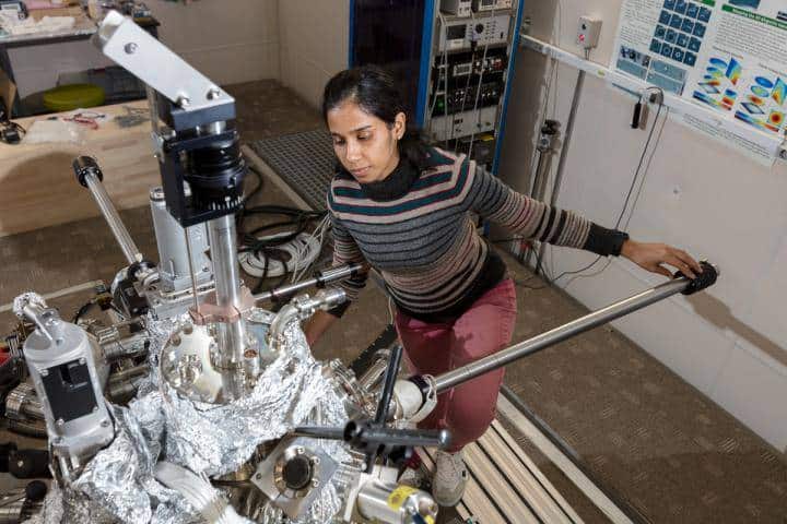 Dr. Aparajita Singha with one of the ESR-enabled STM systems at QNS