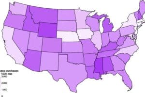 States with the most excess firearm purchases per 100,000 population are in darker purple.