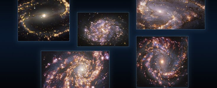 This image combines observations of the nearby galaxies NGC 1300, NGC 1087, NGC 3627 (top, from left to right), NGC 4254 and NGC 4303 (bottom, from left to right) taken with the Multi-Unit Spectroscopic Explorer (MUSE) on ESO’s Very Large Telescope (VLT). Each individual image is a combination of observations conducted at different wavelengths of light to map stellar populations and warm gas. The golden glows mainly correspond to clouds of ionised hydrogen, oxygen and sulphur gas, marking the presence of newly born stars, while the bluish regions in the background reveal the distribution of slightly older stars.    The images were taken as part of the Physics at High Angular resolution in Nearby GalaxieS (PHANGS) project, which is making high-resolution observations of nearby galaxies with telescopes operating across the electromagnetic spectrum.