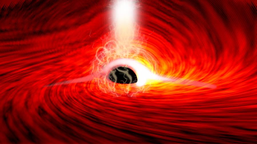 Researchers observed bright flares of X-ray emissions, produced as gas falls into a supermassive black hole. The flares echoed off of the gas falling into the black hole, and as the flares were subsiding, short flashes of X-rays were seen – corresponding to the reflection of the flares from the far side of the disk, bent around the black hole by its strong gravitational field. (Image credit: Dan Wilkins)