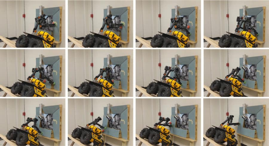 A two-arm mobile manipulator, which would fall if it did not brace itself on the wall, rolls across the steep incline by using the team’s approach to identify placements for its arms. Credit Yu-Chi Lin.