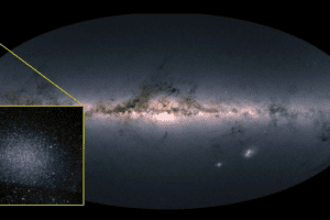 McDonald Observatory astronomers have found that Leo I (inset), a tiny satellite galaxy of the Milky Way (main image), has a black hole nearly as massive as the Milky Way's. Leo I is 30 times smaller than the Milky Way. The result could signal changes in astronomers' understanding of galaxy evolution.