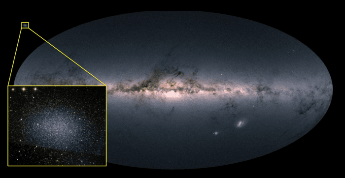 McDonald Observatory astronomers have found that Leo I (inset), a tiny satellite galaxy of the Milky Way (main image), has a black hole nearly as massive as the Milky Way's. Leo I is 30 times smaller than the Milky Way. The result could signal changes in astronomers' understanding of galaxy evolution.