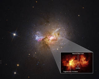 A pullout of the central region of dwarf starburst galaxy Henize 2-10 traces an outflow, or bridge of hot gas 230 light-years long, connecting the galaxy's massive black hole and a star-forming region. Hubble data on the velocity of the outflow from the black hole, as well as the age of the young stars, indicates a causal relationship between the two. A few million years ago, the outflow of hot gas slammed into the dense cloud of a stellar nursery and spread out, like water from a hose impacting a mound of dirt. Now clusters of young stars are aligned perpendicular to the outflow, revealing the path of its spread.