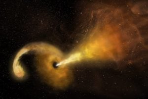 Artist's conception of a tidal disruption event (TDE), a star being shredded by the powerful gravity of a supermassive black hole. Material from the star spirals into a disk rotating around the black hole, and a jet of particles is ejected.