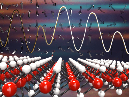 Representation of simulated annealing using a 2D material (molybdenum disulfide) for the optimization of Ising spin system, which is a magnetic system characterized by the randomness in spin orientations. Credit: Jennifer M. McCann. All Rights Reserved.