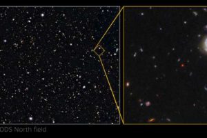 An international team of astronomers using archival data from NASA's Hubble Space Telescope and other space- and ground-based observatories have discovered a unique object in the distant universe that is a crucial link between young star-forming galaxies and the earliest supermassive black holes. This object is the first of its kind to be discovered when the universe was only 750 million years old. It had been lurking unnoticed in one of the best-studied areas of the night sky. The object, which is referred to as GNz7q, is the red dot in the center of the image of the Hubble Great Observatories Origins Deep Survey-North (GOODS-North).