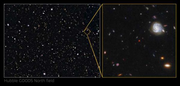 An international team of astronomers using archival data from NASA's Hubble Space Telescope and other space- and ground-based observatories have discovered a unique object in the distant universe that is a crucial link between young star-forming galaxies and the earliest supermassive black holes. This object is the first of its kind to be discovered when the universe was only 750 million years old. It had been lurking unnoticed in one of the best-studied areas of the night sky. The object, which is referred to as GNz7q, is the red dot in the center of the image of the Hubble Great Observatories Origins Deep Survey-North (GOODS-North).