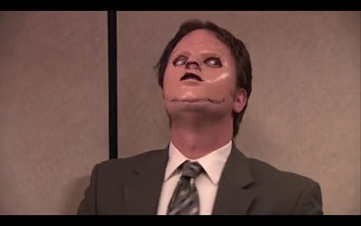 From the television show The Office, the character Dwight wearing the face of a CPR dummy he has mutilated a la Silence of the Lambs.