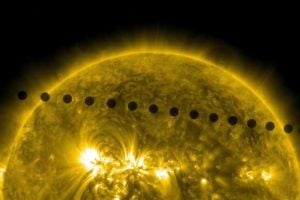 Sequence of images from Solar Dynamic Observatory in 171 wavelength of the Venus transit, merged together to show the path of Venus across the sun.