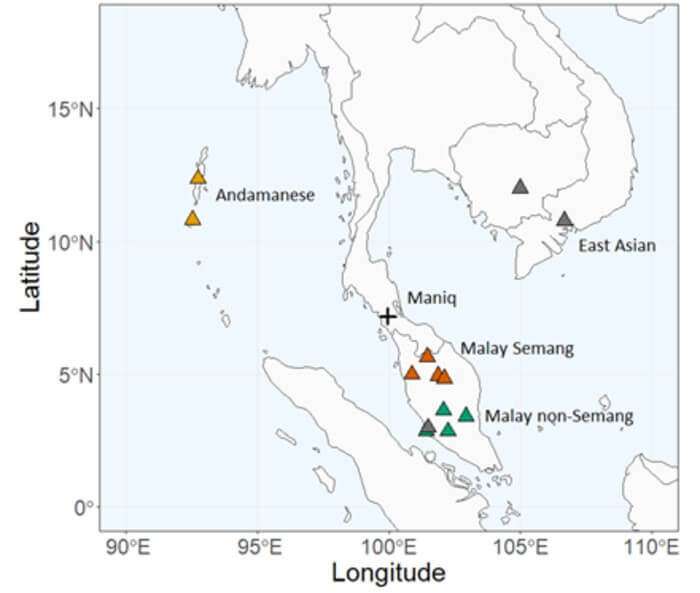 Map with approximate locations of the Maniq and other nearby populations included in the study.