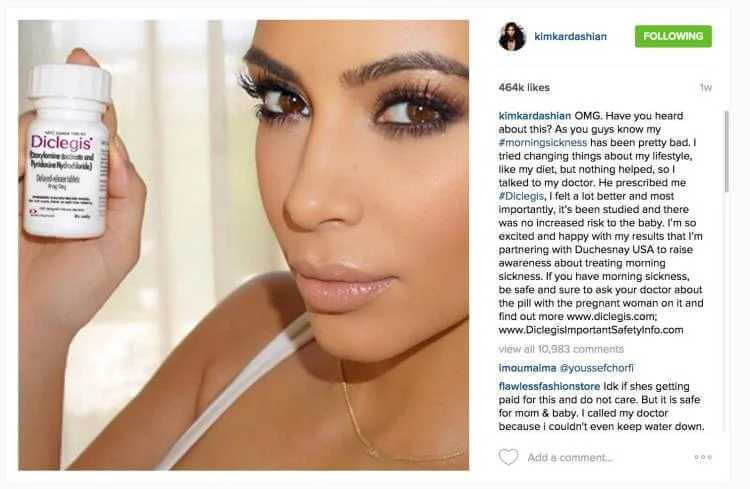 Screenshot of Kim Kardashian's 2015 Instagram post promoting Diclegis to treat morning sickness. The post has since been removed.