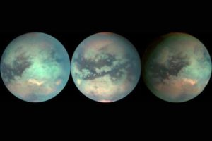 These three mosaics of Titan were composed with data from Cassini’s visual and infrared mapping spectrometer taken during the last three Titan flybys, on Oct. 28, 2005 (left), Dec. 26, 2005 (middle), and Jan. 15, 2006 (right). In a new study, researchers have shown how Titan’s distinct dunes, plains, and labyrinth terrains could be formed. (Image credit: NASA / JPL / University of Arizona)