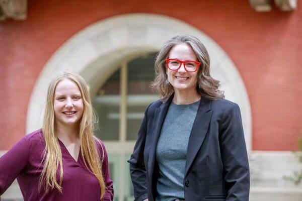 Undergraduate researcher Lilian Lucas, left, and geology professor Patricia Gregg found that additional pressure from thick overlying glacial ice can make volcanic systems more stable and slower to erupt than volcanoes without ice. Photo by Fred Zwicky