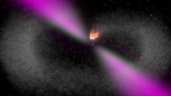 An illustrated view of a black widow pulsar and its stellar companion. The pulsar's gamma-ray emissions (magenta) strongly heat the facing side of the star (orange). The pulsar is gradually evaporating its partner.