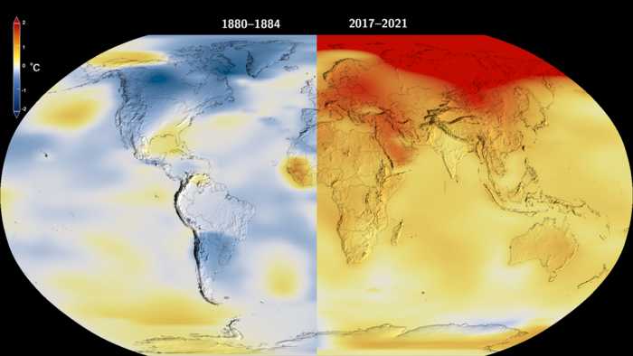 Local temperature fluctuations on Earth Local temperature fluctuations on Earth in the 1880s (left), compared to today (right). White colors show the average temperature during the period 1951–1980, while blue and red show colder and warmer temperatures, respectively. Globally, the temperature has increased roughly 1 °C over this period, but locally the variations may be greater or smaller. Now, new research sheds light on the link between these variations and the unstable weather. Source: NASA's Scientific Visualization Studio.