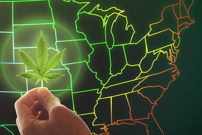 Map of US with pot leaf
