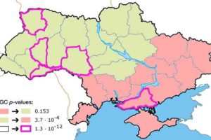 A map of Ukraine, with green and red regions marking pro-West and pro-Russian, but the purple outlined regions are more relevant to the war.