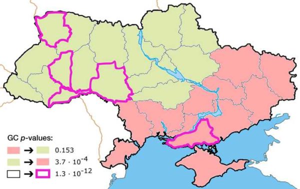 A map of Ukraine, with green and red regions marking pro-West and pro-Russian, but the purple outlined regions are more relevant to the war.