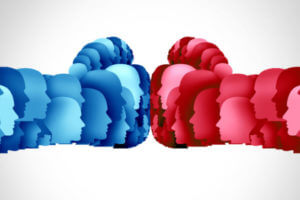 Illustration of red and blue boxing gloves.