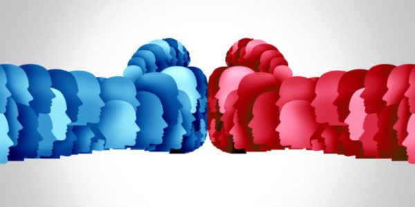 Illustration of red and blue boxing gloves.