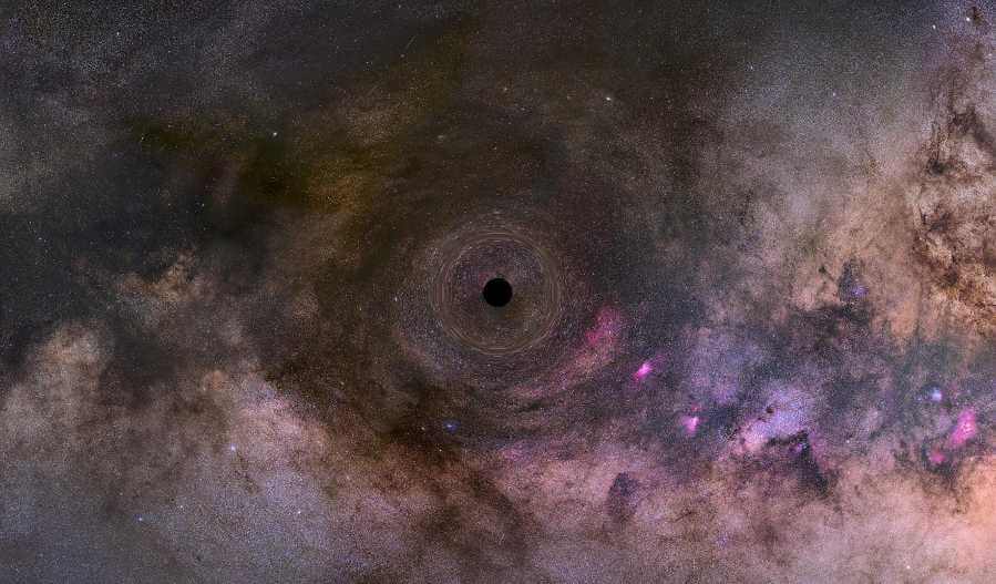 This is an illustration of a close-up look at a black hole drifting through our Milky Way galaxy. The black hole distorts the space around it, which warps images of background stars lined up almost directly behind it. This gravitational "lensing" effect offers the only telltale evidence for the existence of lone black holes wandering our galaxy. The Hubble Space Telescope goes hunting for these black holes by looking for distortion in starlight as the black holes drift in front of background stars. Credit: IMAGE: FECYT, IAC. All Rights Reserved.