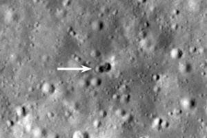 A rocket body impacted the Moon on March 4, 2022, near Hertzsprung crater, creating a double crater roughly 28 meters wide in the longest dimension. LROC NAC M1407760984R; image enlarged 3x.