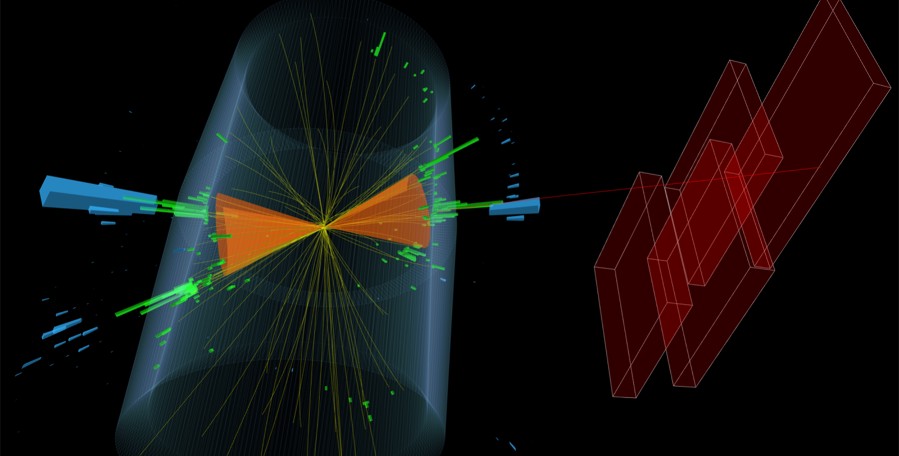 Pictured above: Illustration of a candidate particle-collision event consistent with the production of a pair of Higgs bosons. (CMS Collaboration)