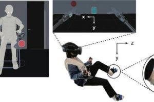 A user manipulates the supernumerary robotic arms using their feet in a virtual environment.