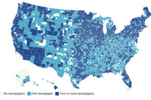 Map of US showng density of newspapers in areas
