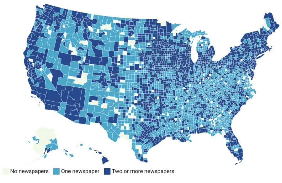 Map of US showng density of newspapers in areas