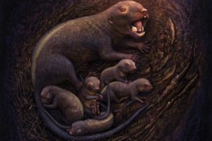 An artistic rendering of multituberculates from the genus Mesodma—a mother with her litter of offspring—who lived in western North America 60 to 70 million years. Fossil evidence indicates that these creatures were the most abundant mammals in western North American just before and directly after the mass extinction event 66 million years ago that killed off the dinosaurs. Image credit: Andrey Atuchin